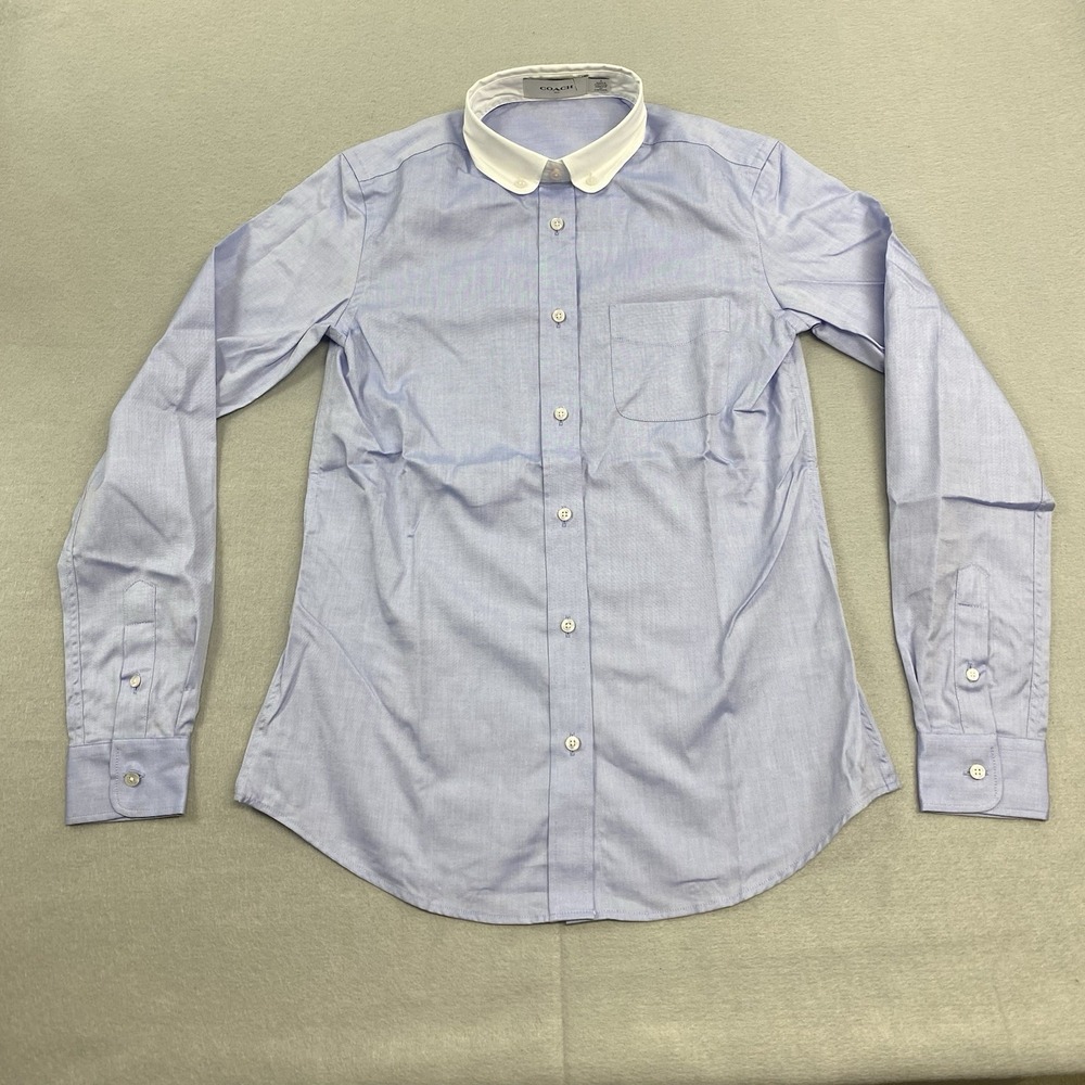 Coach Dress Shirt Womens 0 Blue White Button Down Long Sleeve Chest Pocket